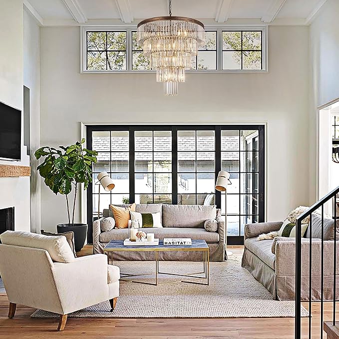 TOCHIC 10 Light Large Crystal Chandelier 31.5 inch, 5-Tier Contemporary Modern Bronze Crystal Chandeliers, Raindrop K9 Round Ceiling Light for Bathroom,Staircase, Entryway, Dining Room, Foyer, Kitchen