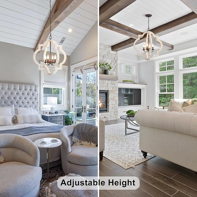 22" Oak Distressed White Chandeliers for Dining Room Farmhouse Wood Pendant Lights Kitchen Island 4-Light Orb Lantern Cage Ceiling Hanging Light Over Table for Entryway Foyer Living Room Bedroom