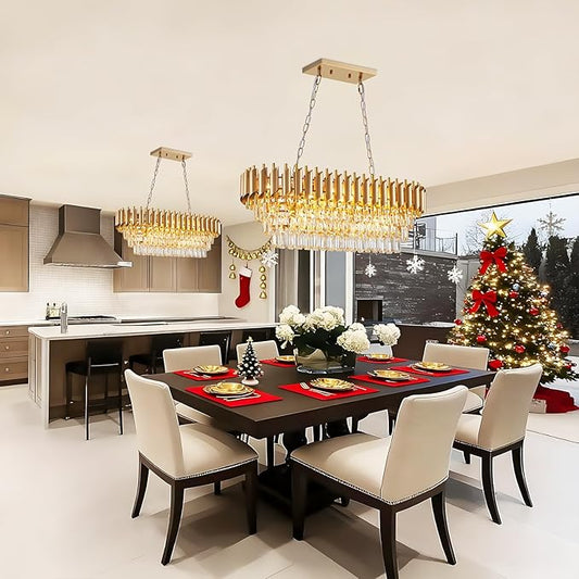 Modern Rectangular Chandelier Gold Crystal Chandeliers for Dining Room, 10-Light Pendant Light Fixture Oval Contemporary Ceiling Hanging Light for Kitchen