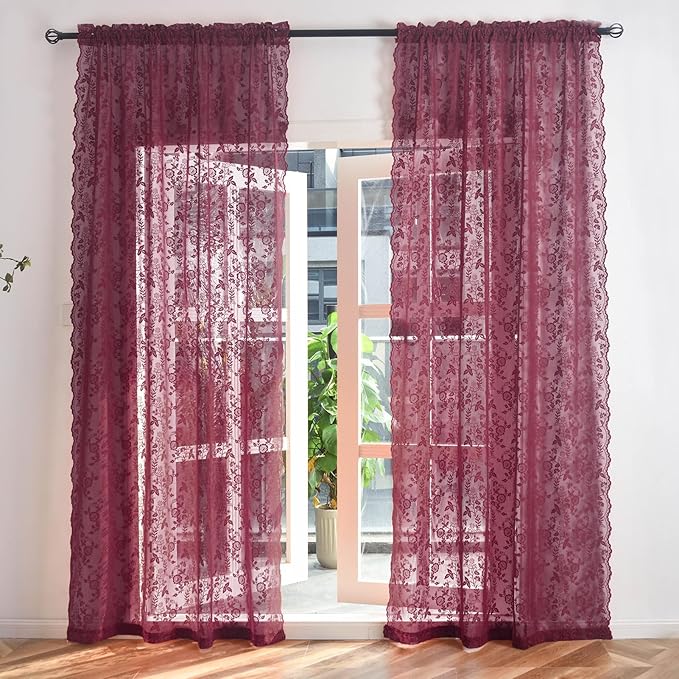 FINECITY Burgundy Sheer Curtains 63 Inch Length - 2 Panels Rustic Leaf Floral Patterned Red Wine Lace Curtains for Bedroom, Rod Pocket Privacy Light Filtering Merlot Sheer Window Drapes, 52 x 63 Inch