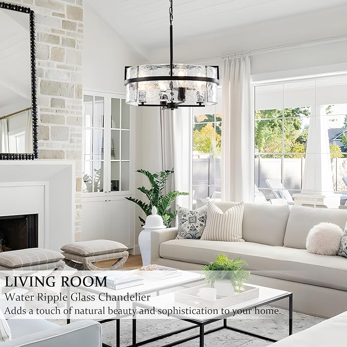 Black Drum Chandelier,19.7" Modern Water Ripple Glass Chandeliers Over Table 4-Light Large Round Hanging Pendant Light Fixtures for Dining Room Living Room Foyer Bedroom Kitchen Island,E26