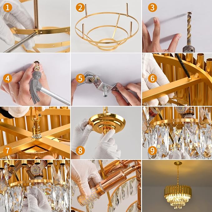 Gold Crystal Chandelier 3-Tier Dining Room Chandelier Light fixtures Modern Chandeliers for Dining Room Small Pendant Light Fixture for Living Room Foyer Kitchen Island Entryway Round 5 Light W15.7”