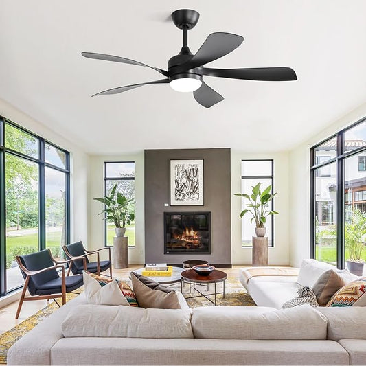 CACI Mall 52 inch Black Ceiling Fans with Lights, Remote Control, Modern, Low Profile, Outdoor Ceiling Fan with 5 Blades, Quiet Reversible DC Motor for Living Room, Bedroom, Patios