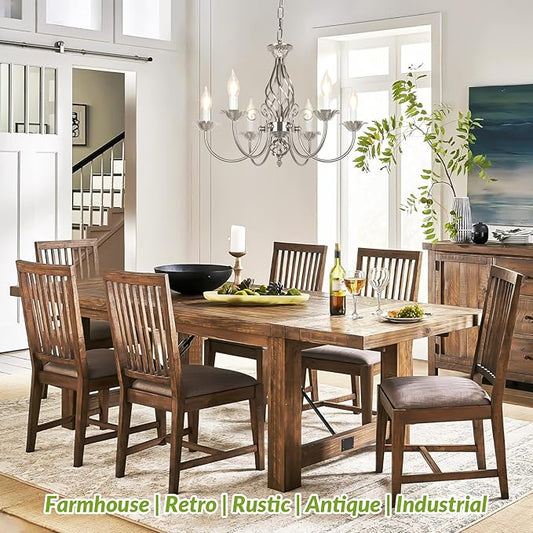 6-Light Farmhouse Candle Chandelier for Living Room, Rustic Industrial Pendant Ceiling Light fixture, Brushed Nickle Modern Ceiling Hanging Lamp for Bedroom Hallway Kitchen Dining Room Foyer, E12 Base