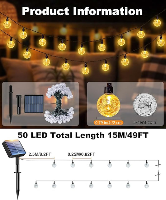 btfarm 4 Pack Solar String Lights Outdoor Waterproof, Each 49 FT 50 LED Solar Powered Patio Light, 8 Lighting Modes Crystal Globe Decor for Garden Yard Porch Party Wedding, Warm White
