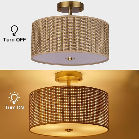 13" Woven Rattan Boho Ceiling Light Fixture, 3-Light Modern Semi Flush Mount Lamp with Drum Fabric Shade, Rustic Brown Lighting for Bedroom, Dining Room, Living Room, Hallway, Entryway