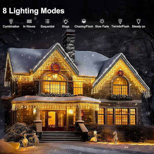 LED Icicle Lights for Outdoor Christmas Decorations,118Ft 1200 LEDs Christmas Fairy Light with Timer&Memory Function,8 Lighting Modes,Plug in hanging Curtain Lights for Xmas Party Wedding(Warm White)