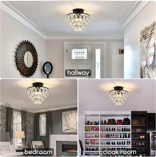Luupyia Mini Crystal Chandelier Ceiling Light Small, Modern Crystal Ceiling Light for Hallway Overhead Fixtures Semi Flush Mount Mini Black Chandelier for Bedroom Hall Living Room Hallway