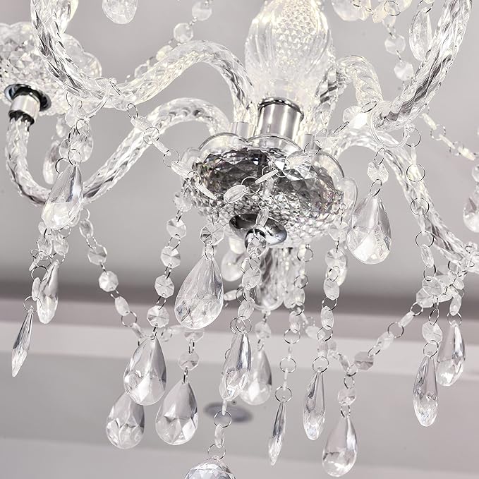 PAPAYA Plug-in 5 Light Crystal Hanging Pendant Lights Acrylic Chandelier with Clear Cord & On/Off Switch H19 D19.7 for Kitchen Island Girls' Room Dining Area Laundry Pavilion.