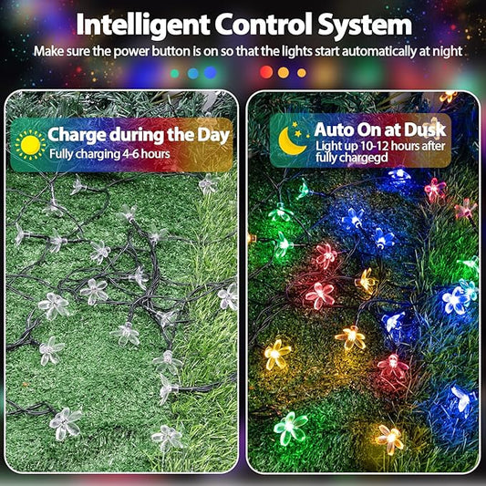 OZS 2PK 80LED 50FT Flower Solar String Lights Outdoor Waterproof, Cherry Blossoms Multicolor Lights with 8 Lighting Modes, Garden Decor for Outside, Pathway Light for Fence, Patio, Yard