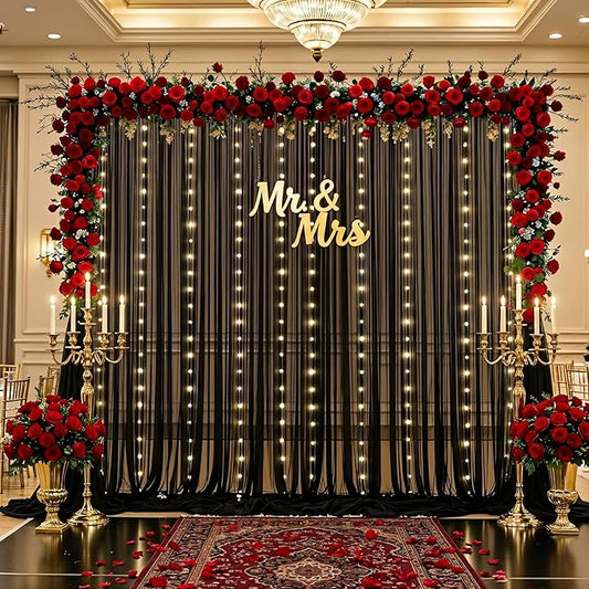 10×12ft Black Sheer Backdrop Curtains with Lights String for Parties Birthday Black Tulle Backdrop Curtain for Baby Shower Wedding Graduation Halloween Party Photo Shoot Decorations 2 Panels 5×12ft