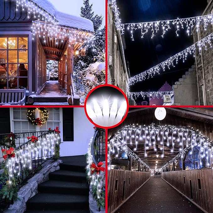 810LED 82ft Christmas Lights, 180Drops 12 Modes Cool White Christmas String Lights Outdoor Dimmable, Waterproof Christmas Decoration Fairy Lights with Timer for Indoor Eaves Party Patio Window Fence