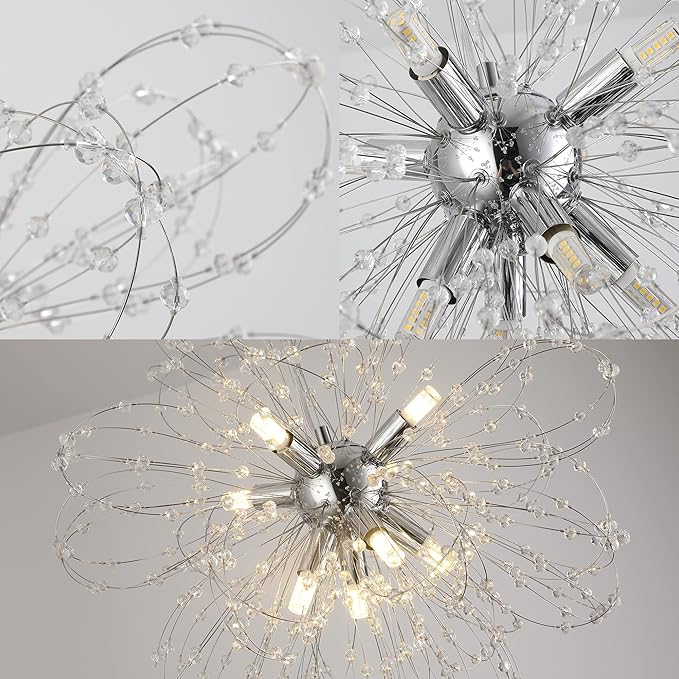 Firework Crystal Chandeliers, Modern Chrome Small Dandelion Chandelier, 8-Light Sputnik Pendant Hanging Light Fixture for Bedroom, Kitchen Island, Dining Room