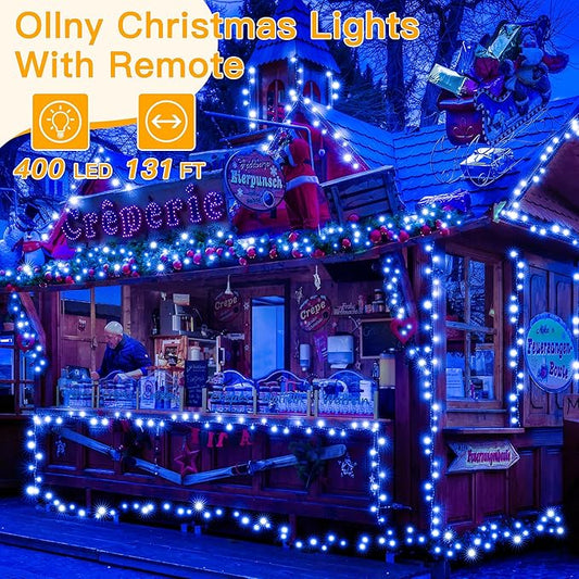 Ollny Blue Christmas Lights Waterproof, 400LED 131FT String Lights with Remote 3 Timer, Plug in 8 Modes Fairy Light for House Xmas Tree Bedroom Indoor Outside Decorations