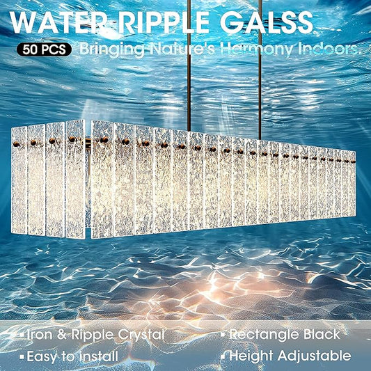 Modern Black Rectangle Chandelier, 48" Dining Room Chandelier with Water Ripple Glass, Linear Crystal Chandeliers for Dining Room, Living Room, Kitchen Island