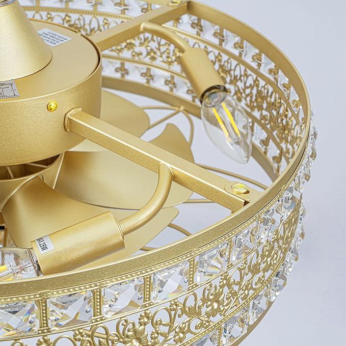 Gold Chandelier Light Fixture, 6-Light Champagne French Rococo Crystal Fandelier Ceiling Fan with Light, Coquette Decorative Bladeless Enclosed Caged Pendant for Dining Room, Bedroom, Living Room