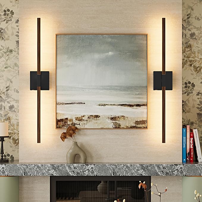 Rayogale 40 Inch Rechargeable Battery Operated Wall Sconce Set Two, 8000mAh Cordless, 3000K/4500K/6000K, Dimmable, Touch Control, 360° Rotation for Living Room Black Walnut(2 Pack)