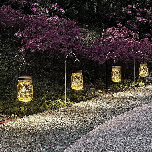 GIGALUMI Hanging Mason Jar Solar Lights, 6 Pack 30 Led Hanging Solar Lanterns Outdoor Waterproof, Hangers and Jars Included, Outdoor Decor for Balcony, Garden, Patio, Yard, Wedding