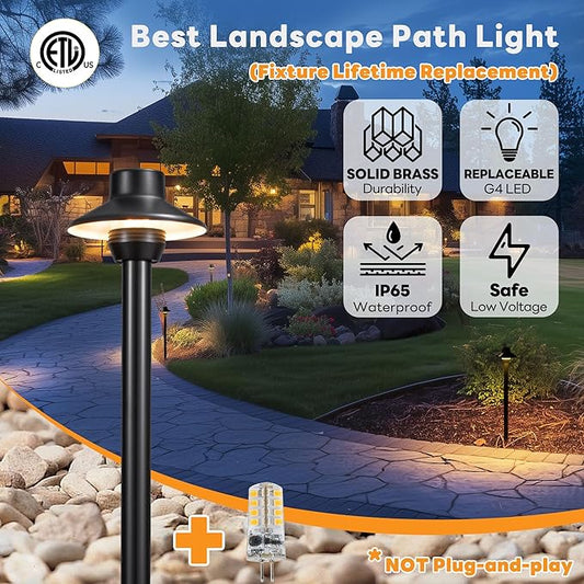 Gardenreet Outdoor Brass Pathway Lights, Low Voltage Landscape Path Light Wired, 12V Walkway Lighting LED IP65 Waterproof, Hat Black for Outside Garden Yard with 2700K Warm White G4 Bulb (4 Pack)