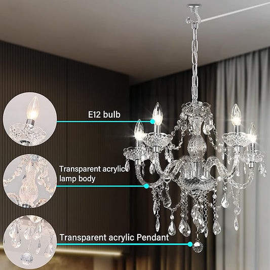 PAPAYA Plug-in 5 Light Crystal Hanging Pendant Lights Acrylic Chandelier with Clear Cord & On/Off Switch H19 D19.7 for Kitchen Island Girls' Room Dining Area Laundry Pavilion.