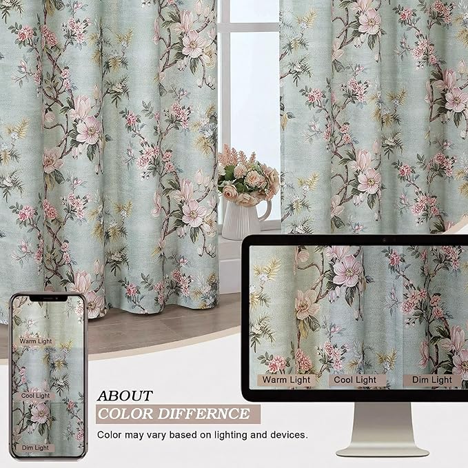Simplebrand Light Green Floral Linen Textured Tier Kitchen Curtains 24 Inch 2 Panels, Light Filtering Privacy Cafe Small Window Curtains for Bathroom RV Camper, Soft Rod Pocket Panels, 30" W x 24" L