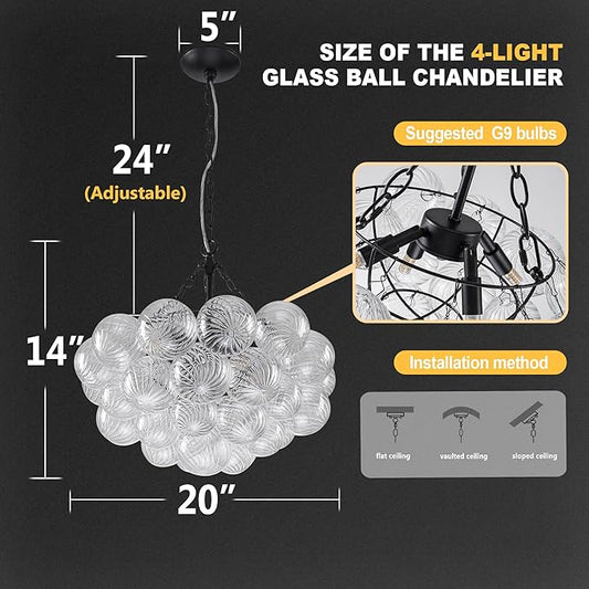 Hand Blown Glass Bubble Ball Chandelier Black Finish 20" Small Pendant Lights Art Deco Cluster Swirled Art Deco Cluster Ribbed Blown Glass Globe Lighting for Entry Room Bathroom Bedroom