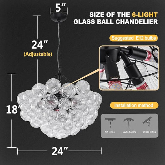 Hand Blown Glass Bubble Ball Chandelier Black Finish 24" Pendant Light Fixture Art Deco Cluster Swirled Ribbed Glass Globe Lighting for Bedroom Dining Restaurant Bedroom Bathroom Entry