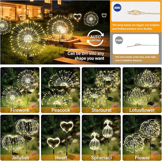 Solar Garden Lights Outdoor Decor Waterproof, 2Pack 120LED Firework Lights for Garden Decorative, Fairy Lights Solar Powered for Yard, Patio,Pathway,Flowerbed,Planter,Party(Warm White)