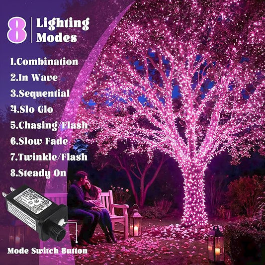 100FT 300 LED Outdoor String Lights, Connectable Pink Christmas Lights Indoor Waterproof with 8 Modes, Plug in Twinkle Fairy Lights Clear Wire for Bedroom Wedding Garden Patio Party Decorations