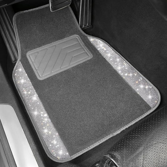 CAR PASS Bling Diamond Car Mats Shining Carpet Crystal Rhinestones Sparkly Glitter Floor Mats with Anti-Slip PVC Heel Pad Universal Fit for Automotive SUV, Sedan, Car, Van, 4pcs for Girl Women, Gray