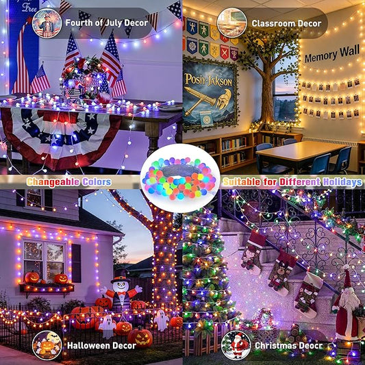 JMEXSUSS 100 LED Color Changing String Lights, 33ft Globe Red White and Blue Lights with Remote & APP, Clear Wire Smart Fairy String Light Indoor Plug in for 4th of July Independence Day Halloween