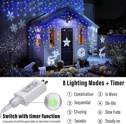Joomer Christmas Icicle Lights - 19FT Outdoor String Lights Waterproof, 8 Modes Timer Connectable Plug-in String Light for Christmas Party, Eaves, Roofs, Xmas Decorations (White+Blue)