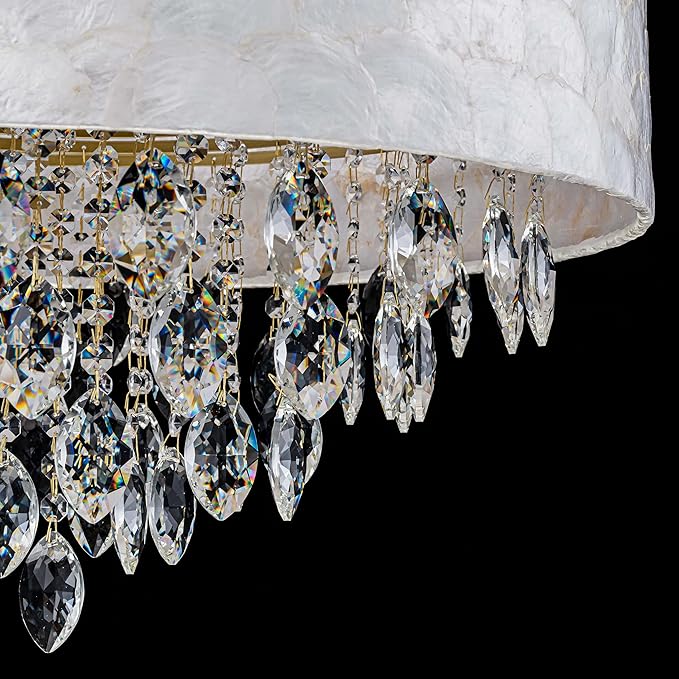 X-Large 6-Light Drum Capiz Shell K9 Crystal Chandelier, Coastal Style Pendant Light Fixture for Dining Room, Living Room, D24 * H24~70 Inch (Adjustable), Clear Crystal & Brass Finish