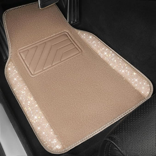 CAR PASS Bling Car Mats Shining Diamond Carpet Crystal Rhinestones Sparkly Glitter Floor Mats with Anti-Slip PVC Heel Pad Universal Fit for Automotive SUV, Sedan, Car, Van, 4pcs for Girl Women, Beige