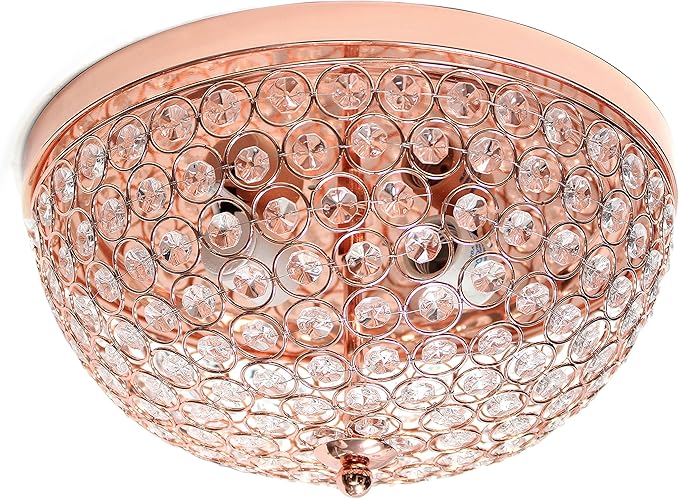 Elegant Designs FM1000-RGD-2PK Elipse Crystal 13 Inch Modern Metal 2 Light Bowl Shaped Ceiling Flush Mount Fixture 2 Pack, Rose Gold