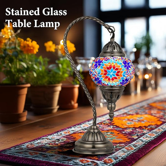 Marrakech Stained Glass Lamp Moroccan Lamps with Tiffany Style, Handmade Turkish Mosaic Lamps with Swan Neck Bronze Base Including LED Bulb for Living Room Bedroom Decor (Colorful2)