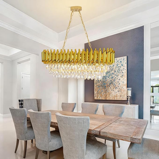 Oval Contemporary Ceiling Hanging Light, L32in Luxury Gold Chandelier Modern Rectangular Chandelier Linear Ceiling Pendant Light for Bedroom Kitchen 8Lights