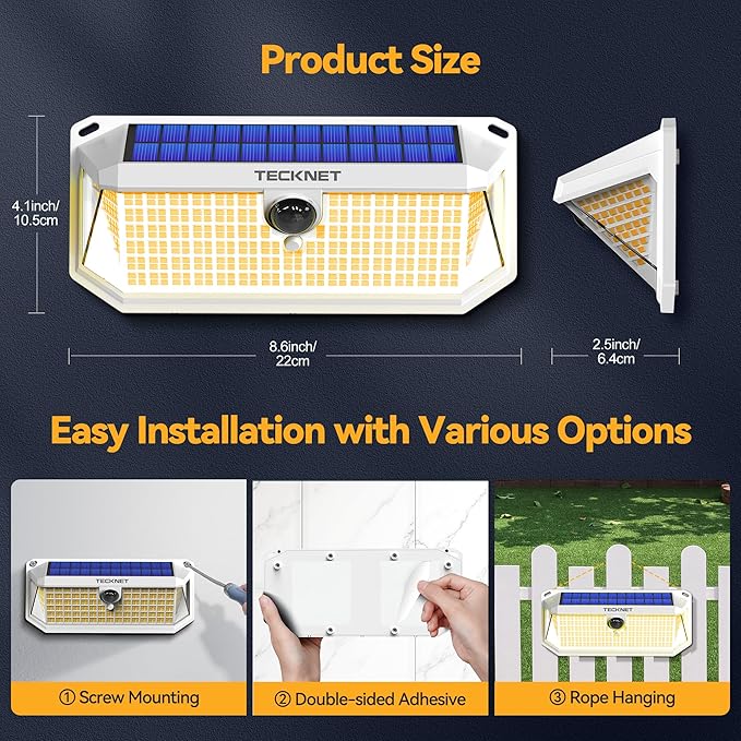 TECKNET 416 LED Solar Powered Outdoor Lights, 300° Angle & 3 Lighting Modes Motion Sensor Light Outdoor, Security Solar Lights Waterproof - 2 Pack, White Color & Warm Light