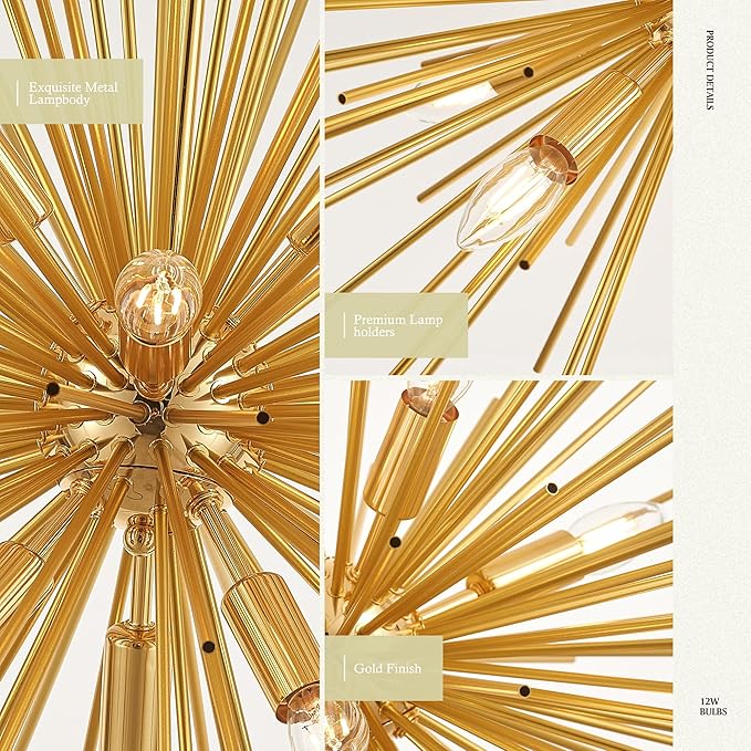 24" Gold Sputnik Chandelier 9-Light, Mid Century Modern Starburst Ceiling Light with Adjustable Chain, Industrial Globe Pendant Light Fixture for Dining Room Kitchen Island Living Room Foyer Entryway
