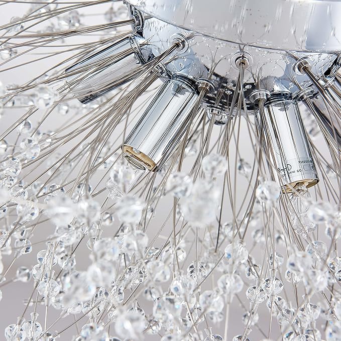 AGV LIGHTING CL023C Crystal Ceiling Light, Close to Ceiling Flushmount Light Fixture, Firework Design Dandelion Shape, 6-Lights, D18 x H10, Chrome Finish