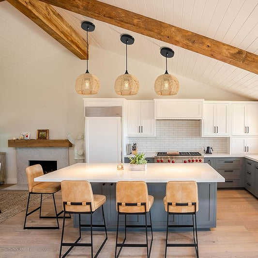Wicker Pendant Lights Kitchen Island Natural Woven Pendant Light Boho Chandelier Fixture Dome Rustic Farmhouse Pendant Lights Rattan Light Fixture for Dining Room Kitchen Island