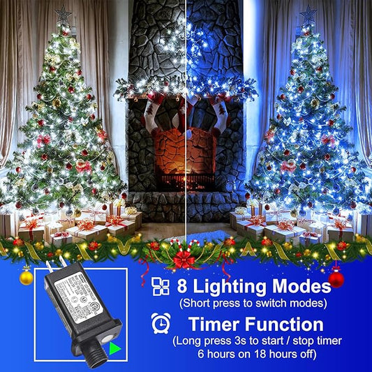 2 Pack Christmas Lights Outdoor, Total 200FT 600 LED String Lights for Outside Waterproof with 8 Modes, Green Wire Twinkle Tree Lights for Indoor Patio Xmas Decorations, 1 Pack Blue & 1 Pack White