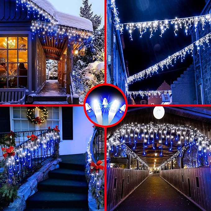 504LED 50ft Christmas Lights, 112Drops 12 Modes Christmas String Lights Outdoor Dimmable, Waterproof Christmas Decorations Fairy Lights with Timer Memory for Party Patio Window Fence Blue & CoolWhite