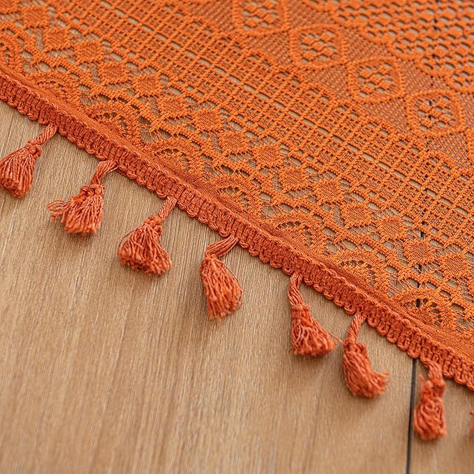 Sutuo Home Boho Curtains for Bedroom Living Room Kitchen,Crochet Lace Sheer Bohemian Hollow with Tassels,Window Treatment Drapes for Halloween Decor, Rod Pocket 1 Panel 59" W x 96" L, Burnt Orange