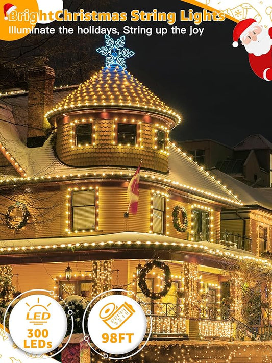 BrightChristmas 300 LED 98 FT Christmas Lights, Waterproof Outdoor String Lights with Remote and Timer, Christmas Tree Lights with 8 Modes Dimmable, Fairy Lights for Holiday Decor (Warm White)