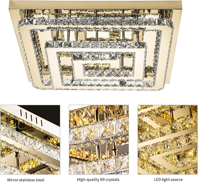 34" Crystal Gold Chandelier with Remote/APP Control, 3 Color Temperature Light Fixture & Brightness Adjustable, Modern Flush Mount LED Ceiling Light Fixture for Living Room Kitchen Hallway Dining Room