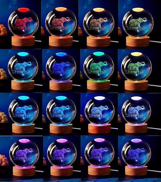 Elephant Crystal Ball Lamp, 3.15 inch, Night Light with Wooden LED Base, Glass Ball with USB, Remote Control, 16 Color Change, Gift Box