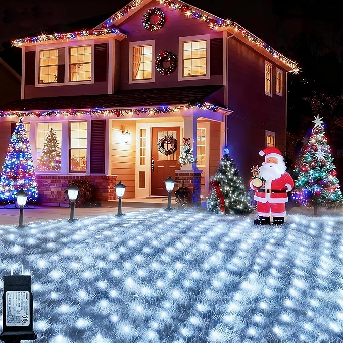 Cool White Net Lights, 360 LED Outdoor Christmas Net Mesh Lights for Bushes 21x5 ft, 8 Modes Waterproof Twinkle String Lights Connectable for Christmas Hedge Yard Garden Party Decor