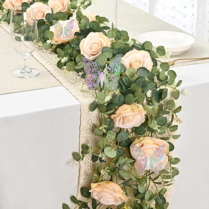 Yastouay 6.4 Ft Fuller Flower Garland with 3D Butterfly, Artificial Eucalyptus Garland with Champagne Flowers Fake Rose Vine for Table Centerpiece Wedding Baby Shower Party Room Backdrop Decor