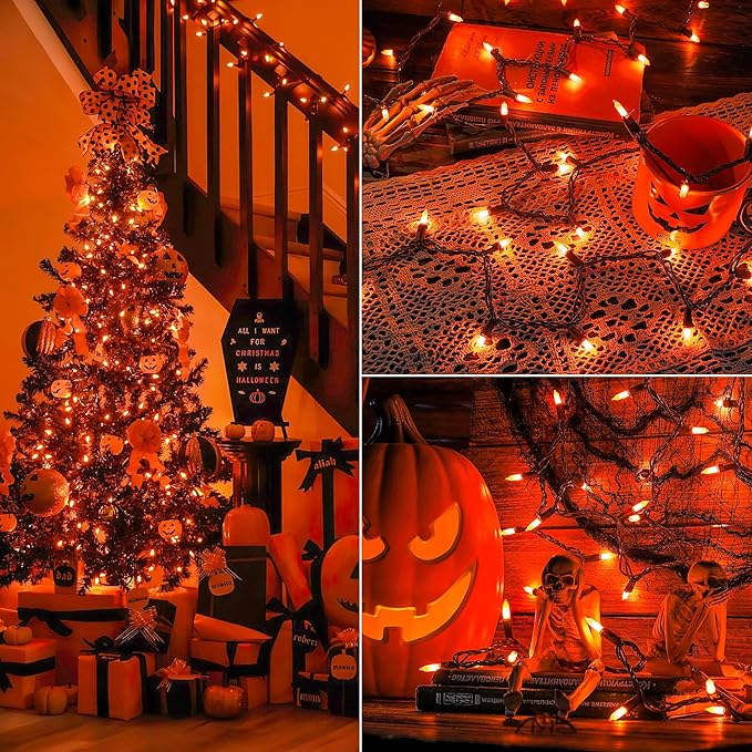 YOUNGAR Orange Halloween Lights, Clear Christmas Lights Outdoor,13FT 50 Approved Christmas String Light with Brown Wire,Incandescent Mini Light Plug in for Indoor Tree Patio Garden Xmas Decor